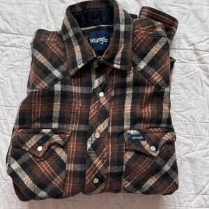 Vintage wrangler heavyweight plaid pearl snap western shirt sz L brown country
